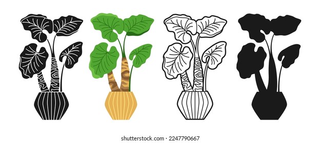 Potted house plant cartoon icon set. Leaf houseplant in flowerpot ceramic doodle, line icon or silhouette style collection. Modern boho home plant in pot interior natural trendy decor stamp vector