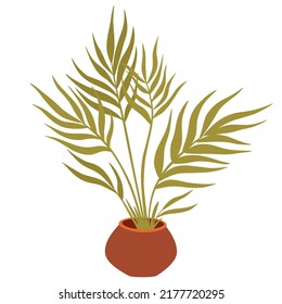 Potted house plant. Foliage houseplant growing in flowerpot. Green leaf decoration for home interior. Natural indoor decor. Hand draw vector illustration isolated on white background