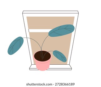 Planta casa em vaso no peitoril da janela, decoração de casa interior com folhagem folhosa, elemento interior mínimo, vegetação botânica natural, ilustração vetor plana simples isolada no fundo branco.