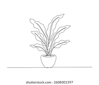 Potted house plant outline drawing illustration. one continuous line drawing of plant in the pot for house decoration.