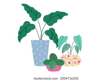 Potted house plants. Big and small foliage houseplants growing in planters. Indoor home decoration with leaf in flowerpots. Modern eco decor. Flat vector illustration isolated on white background