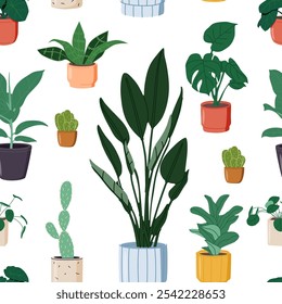 Patrón de plantas de casa en maceta. Fondo botánico sin fisuras con impresión de plantas de casa repetida. Decoración interior de hojas verdes en macetas y macetas, telón de fondo sin fin. Ilustración vectorial plana de color