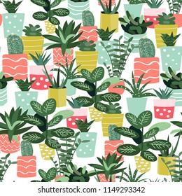 potted house plants print. bright botanical floral seamless pattern. vector flower print. floral background. textile fabric design. trendy graphic design. memphis style. 