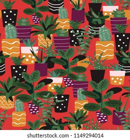 potted house plants print. bright botanical floral seamless pattern. vector flower print. floral background. textile fabric design. trendy graphic design. memphis style. autumn atmosphere print.