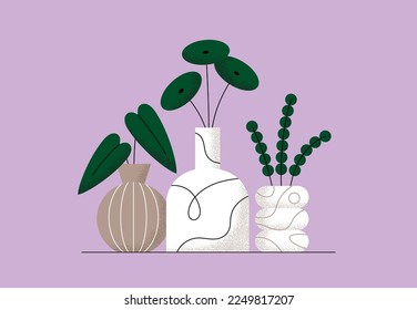 Potted house plants set. Abstract vases. Contemporary poster of potted flowers boho style. Modern home interior natural decor. Organic shape. Foliage decoration. Colorful trendy vector illustration.