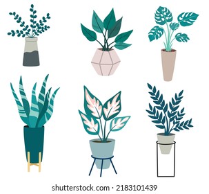 Potted house plants set. Foliage houseplant growing in flowerpot. Green leaf decoration for home interior. Natural indoor decor. Hand draw vector illustration isolated on white background