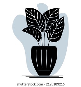 Potted houseplant. Large large leaves on their own stem. A plant in a flower pot for home, office, greenhouse. Vector icon, glyph, abstract gray background, isolated