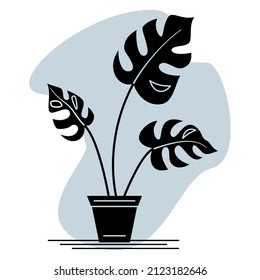 Potted houseplant. Monstera, three leaves with a slit on a thin stem. A plant in a flower pot for home, office, greenhouse. Vector icon, glyph, abstract gray background, isolated