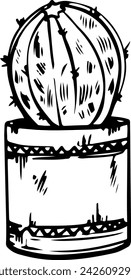 Potted houseplant round cactus vector illustration. Succulent outline style. Isolated on white background