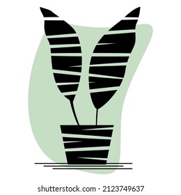 Potted houseplant. Two large leaves on their own stem. A plant in a flower pot for home and office. A stylized plant. Vector icon, glyph, silhouette with a slot, abstract green background, isolated