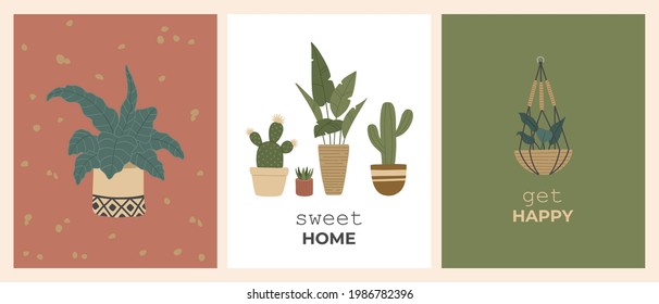 Potted houseplants, exotic  handmade macrame hanger. Set of modern posters, greeting cards or prints with trendy plants. Vector illustration in boho, flat style in pastel colors isolated on background