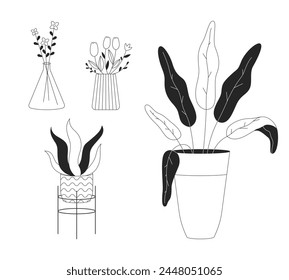 Potted houseplants and flower bouquets black and white 2D line cartoon objects set. Plants in home interior isolated vector outline items collection. Floral decor monochromatic flat spot illustrations