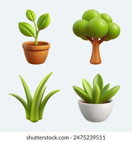 Potted houseplants, tree, grass in 3d cartoon style. Minimalistic design elements. Realistic vector set