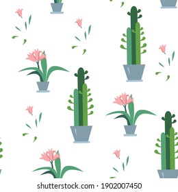 Potted indoor flowers on a white background. Seamless pattern.