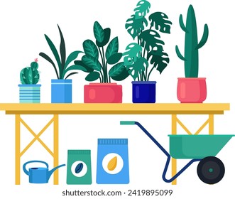 Plantas cubiertas en un banco con herramientas de jardinería. Entorno de jardín en casa con botas de agua y bolsas de fertilizantes. Recolección de plantas domésticas e ilustración vectorial de cuidado.