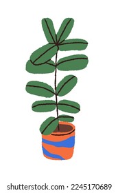 Planta de hojas podridas creciendo en la olla. Gran planta vegetal en planta baja. Decoración interior casera con hojas verdes en maceta de flores. Ficus interior. Ilustración vectorial plana aislada en fondo blanco