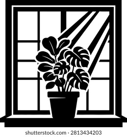 Potted monstera plant on window sill silhouette