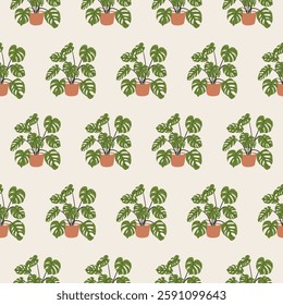 Potted monstera seamless pattern. Potted houseplant monstera on a light background. Tropical home plant pattern, perfect for wrapping paper, textile, wallpaper, and product design. Vector illustration