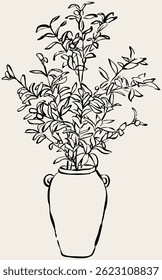 Potted olive plant. Indoor plant. Decorative natural plant. Vector illustration of an olive plant for invitations, stationery, and branding.
