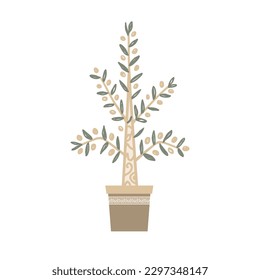 Potted olive tree icon vector isolated with gold and white. Naive tribal style, logo design.