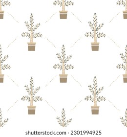 Potted olive tree seamless patter. Vector background for packaging, wallpapers, and cards. Naive tribal style, geometric design.