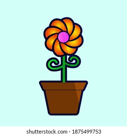 Potted orange flower with green branch vector design isolated on white