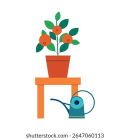 A potted orange tree and a watering can. Homegrown concept vector illustration.