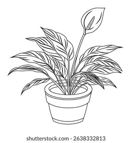 Potted Peace Lily Plant Silhouette Illustration. Botanical Decor And Indoor Plant Care Concept. Isolated Vector Illustration