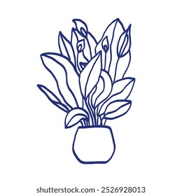Potted peace lily sketch. Hand drawn blue pen or marker drawing. Primitive kids picture. Vector indoor flower in a pot