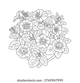 Potted petunia blooms in circular cluster. Petals radiate delicate, intricate patterns. Leaves frame blossoms with natural grace. Botanical line art style invites coloring. Ideal for gardening, flora