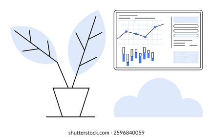 Potted plant, analytics chart with graphs and charts, and a cloud symbol. Ideal for business growth, environmental impact, tech reports, data analysis, cloud computing, corporate presentations