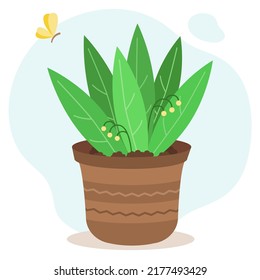Potted plant with berries. Vector illustration of a butterfly circling around a flower.