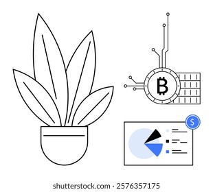 Potted plant beside Bitcoin symbol with connected lines suggesting cryptocurrency. Below, a pie chart represents financial data. Ideal for financial technology investments cryptocurrency digital