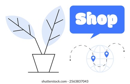 Potted plant with blue leaves beside a speech bubble with the word Shop and a globe with location markers. Ideal for online shopping, e-commerce, sustainability, global reach, and eco-friendly