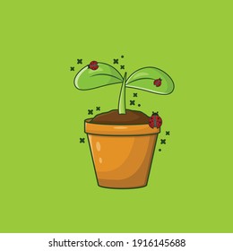 Potted Plant with Bug Vector Illustration. Gardening Design Concept.