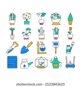 Potted Plant And Care Accessories Icons Set Vector. Sansevieria Trifasciata And Citrus Tree, Monstera Deliciosa And Buxus Sempervirens Potted Plant. Florarium Equipment color Contour Illustrations