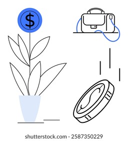 Potted plant with coin symbol blossom, briefcase connected by wire, and coins dropping. Ideal for financial growth, investment, economics, business strategy, savings, financial planning, wealth