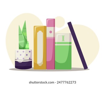 Potted plant and colorful books on a light background. Concept of reading and home decor. Vector illustration