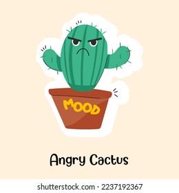 Potted plant for decoration, flat sticker of angry cactus 