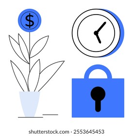 A potted plant with a dollar sign symbol, a clock, and a lock. Ideal for financial planning, investment security, time management, savings, and financial growth. Simple vector style. Predominantly