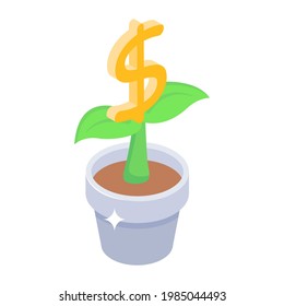 Planta pulida con pila de dólares, icono del crecimiento del dinero en estilo isométrico 