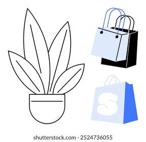 Dibujo de planta en maceta con tres Grandes hojas en contorno negro junto a dos bolsas de compras en negro y azul claro. Ideal para compras, naturaleza, botánica, minimalismo, promoción de negocios. Arte lineal simple