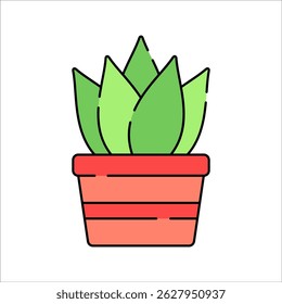 Potted Plant Flat design style, green plant in red pot, representing indoor gardening, sustainable decor, or environmental care visuals.