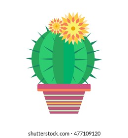 Potted plant in a flat style on a white background. Blooming cactus. Vector illustration.