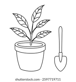Potted plant with gardening shovel vector illustration. Indoor gardening and houseplant concept in doodle style. Black line art isolated on white background.