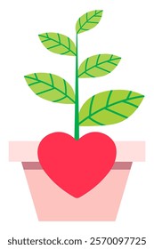 A potted plant with green leaves and a red heart shaped, nature and love, minimal design in cute vector style for Valentine's Day, romance and affection concepts, isolated icon on white background.