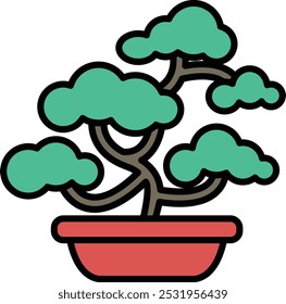 Uma planta em vaso com folhas verdes senta-se em um vaso vermelho. A planta é uma árvore de bonsai, que é um tipo de árvore em miniatura que é frequentemente cultivada em pequenos recipientes. Conceito de tranquilidade e calma