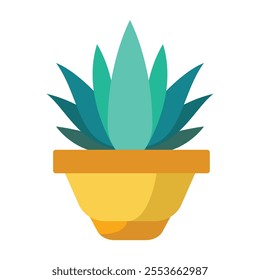 a potted plant with green and teal leaves, set in a yellow pot with orange accents. Clean, modern design with vibrant colors