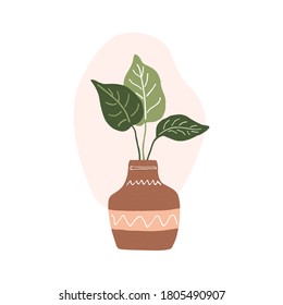 Potted plant hand drawn vector art. Modern house plant in pot isolated on the white background, vector illustration.