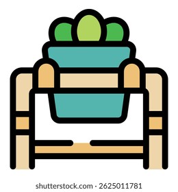 Potted plant hangs gracefully from a stylish wooden stand, adding a touch of nature to modern home decor